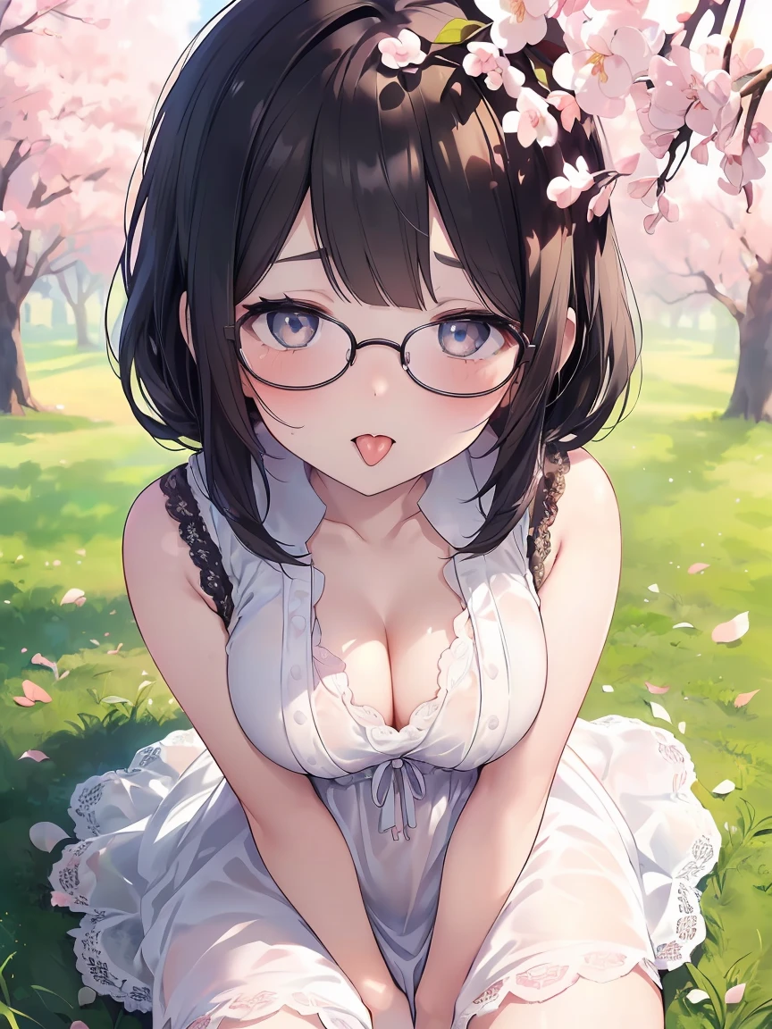Very detailed, highest quality, High resolution, Moe Anime, ((Cute girl with black hair and droopy eyes)), ((Wearing large round glasses:1.4)), (Baby Face), Cute eyes, Detailed eye depiction, Sparkle in the eyes, View your viewers, Dark eye color, Pale skin, (Big eyes:1.4, Droopy eyes:1.4, Fatty face:1.4), smile, Focus on the face, In the park with cherry blossoms falling, Sitting, (Extreme close up of tongue), (((From above))), Open your mouth, (((Face only:1.3))), ((white lace sleeveless dress)), Bright Eyes, Light from the front, (Put your hands between your legs:1.4), large and long tongue, Cleavage