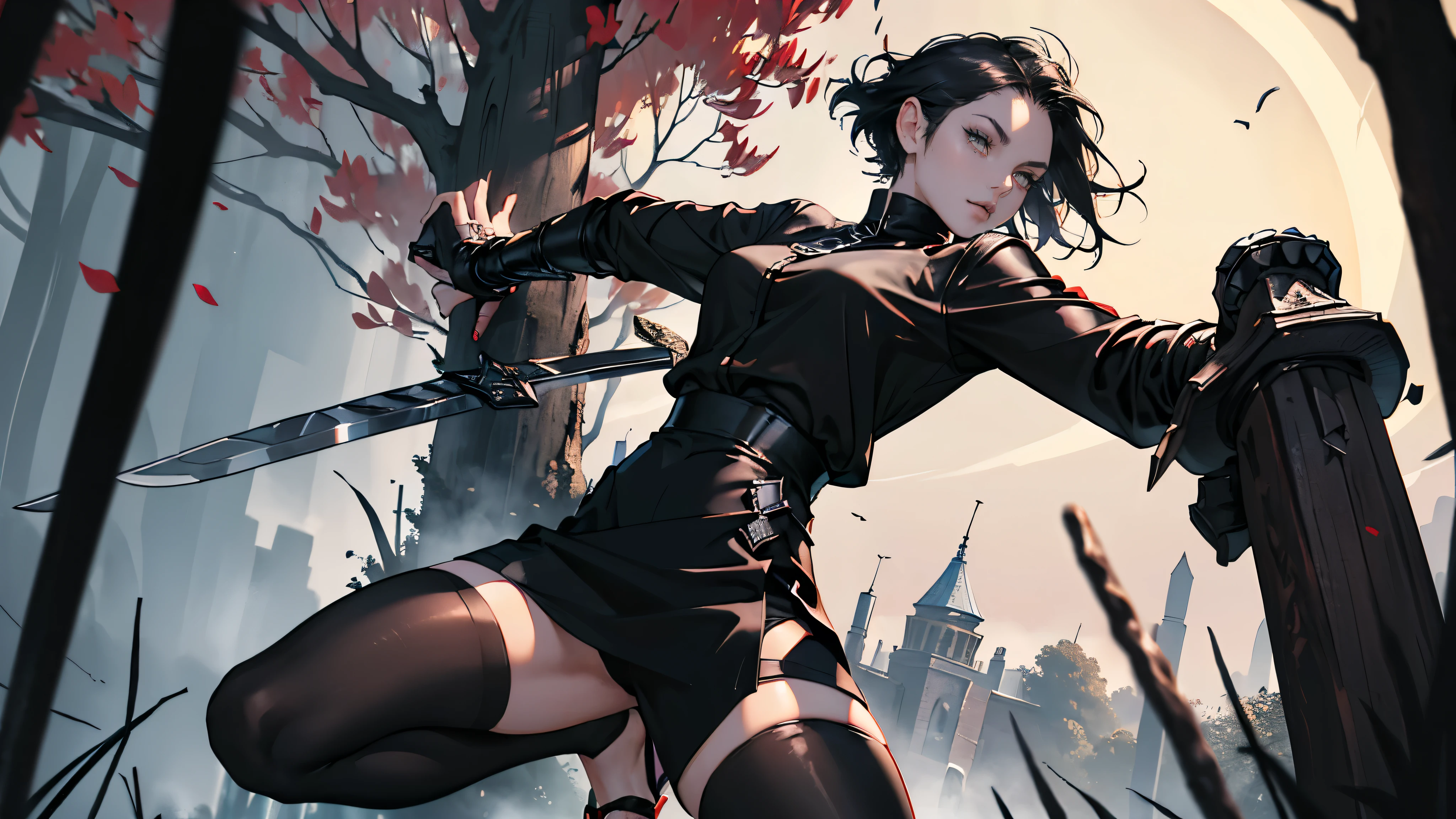 masterpiece, ultra detailed, 8K Portrait, Raw photo, portrait photo of a female, Full body, Highly detailed face, ((Fantasy)), (((Assassin Woman))), ((Young beautiful)), 23 years old, solo, (((Tight eyes))), Dynamic Pose, (((Black very short hair))), ((Forehead)), (((long-sleeved Black tight shirt))), (((Black culottes))), (black tights:1.5), leather armor, (Crimson Gauntlet:1.5), (((Leather Sole Sandals))), black body stockings, (((Equip two black short swords))), Midnight Moon, Hyper realistic, Body model, Long legs, ((Slender body)), crouching on a tree branch, Ambient lighting, Shadow details, Camera focus on face, strong breeze, Light fog,