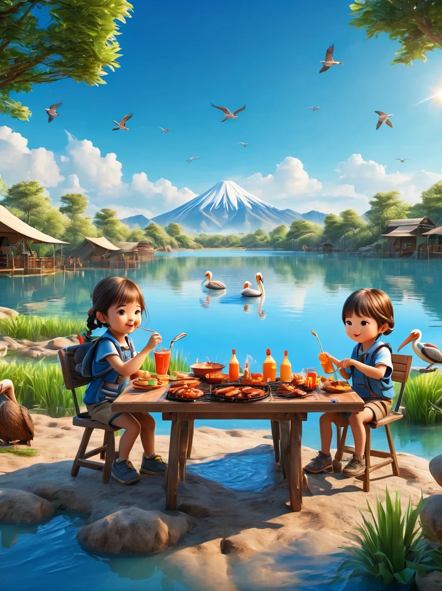 A cute boy and girl，Tented camp，Spring Outing，lake，Natural Scenes，barbecue，Blue sky natural background，Official Pelican Office，Wide Angle，Clay Materials，Clean background，Character IP，Skyline design，3D，C4D，Xin value dye，Mixer，Natural light，Light and shadow，Very high detail with rim light，Intricate details，Medium shooting，8k