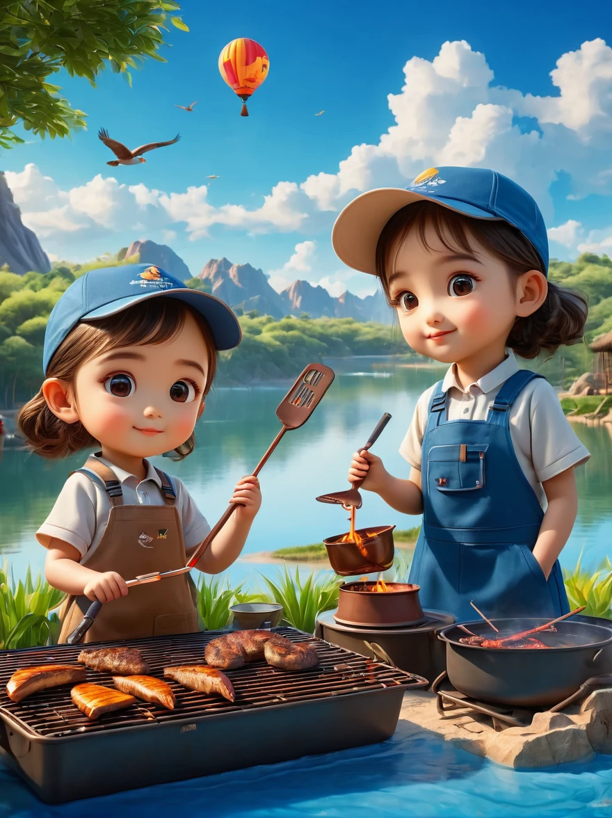 A cute boy and girl，Tented camp，Spring Outing，lake，Natural Scenes，barbecue，Blue sky natural background，Official Pelican Office，Wide Angle，Clay Materials，Clean background，Character IP，Skyline design，3D，C4D，Xin value dye，Mixer，Natural light，Light and shadow，Very high detail with rim light，Intricate details，Medium shooting，8k