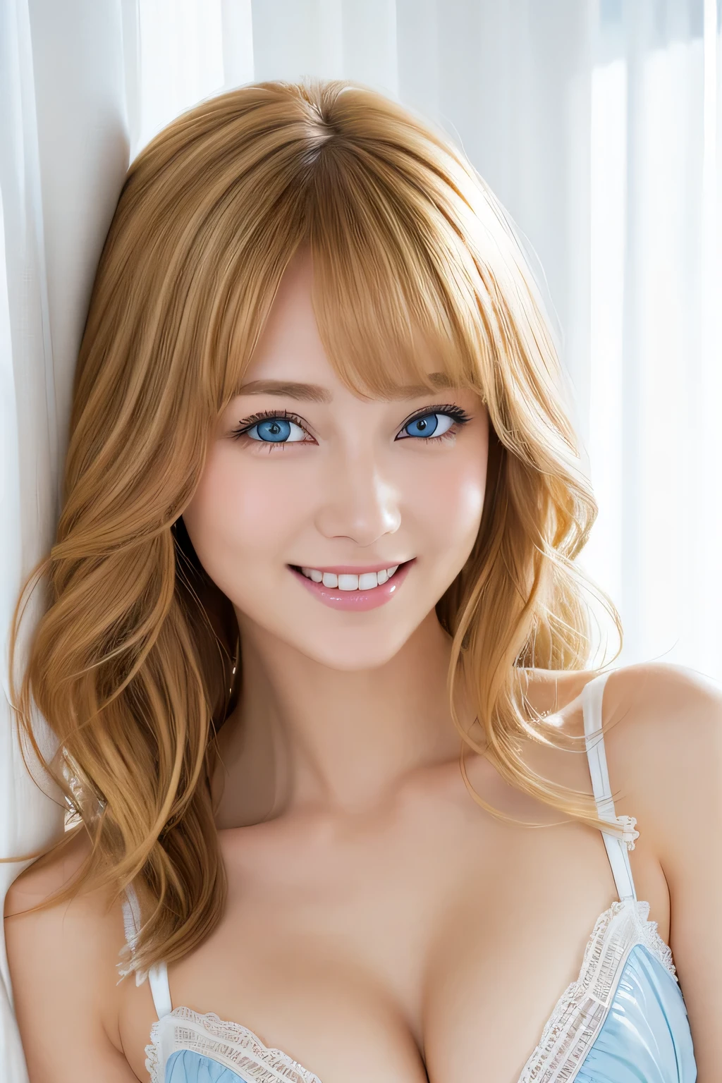 highest quality, Ultra-high resolution, (Realistic:1.4), white ruffled bra、Japanese、Gal、Blonde、blue eyes、cute、smile、White curtain in the background