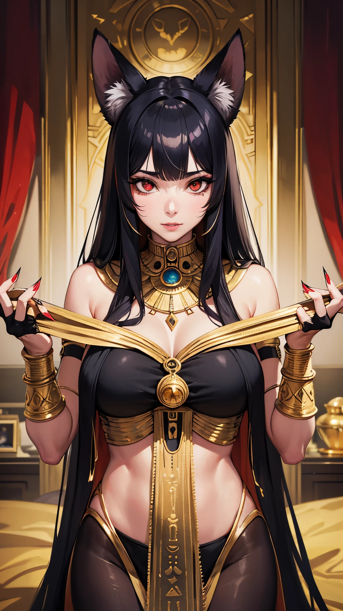 (best quality, realistic, highres:1.2), ultra-detailed, photorealistic anthropomorphic animal, Pharaoh, pharaoh woman, cat girl, cat sphinx, onyx skin, monstergirl, furry, Egyptian-themed bedroom, luxurious silk sheets, intricate golden jewelry, mesmerizing red eyes, mysterious aura, intricate hieroglyphics, sharp claws, long nails, vibrant colors, dreamlike atmosphere