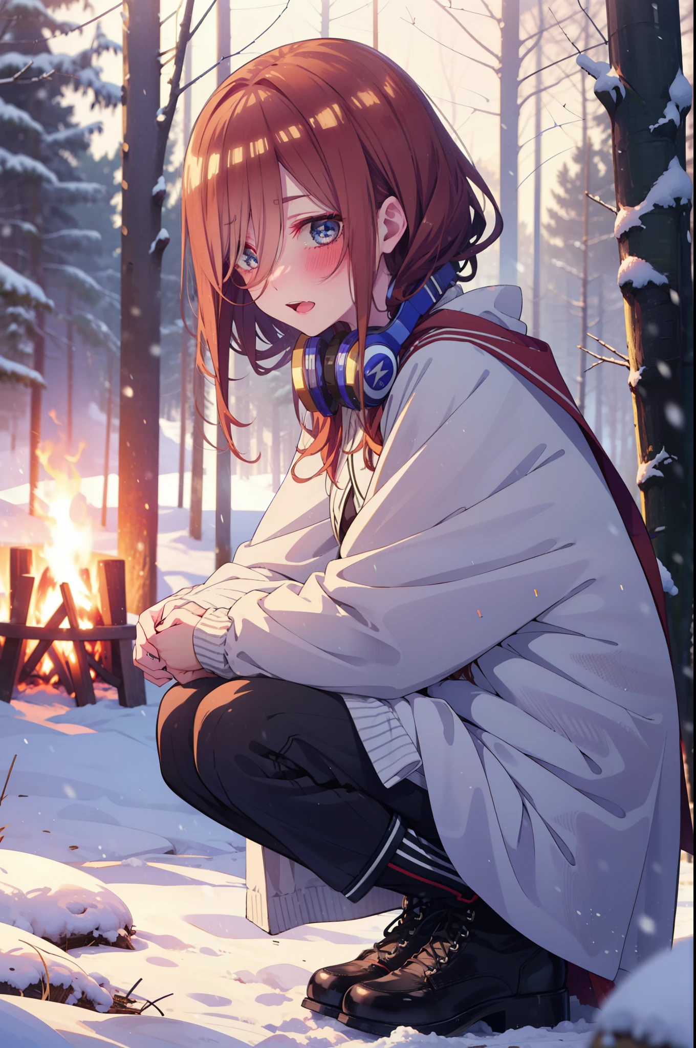 Miku Nakano, Miku Nakano, Long Hair, bangs, Brown Hair, shirt, Hair between the eyes, cardigan, Headphones around neck,smile,blush,White Breath,
Open your mouth,snow,A bonfire on the ground, Outdoor, boots, snowing, From the side, wood, suitcase, Cape, Blurred, Increase your meals, forest, White handbag, nature,  Squat, Mouth closed, フードed Cape, winter, Written boundary depth, Black shoes, red Cape break looking at viewer, Upper Body, whole body, break Outdoor, forest, nature, break (masterpiece:1.2), highest quality, High resolution, unity 8k wallpaper, (shape:0.8), (Beautiful and beautiful eyes:1.6), Highly detailed face, Perfect lighting, Highly detailed CG, (Perfect hands, Perfect Anatomy),