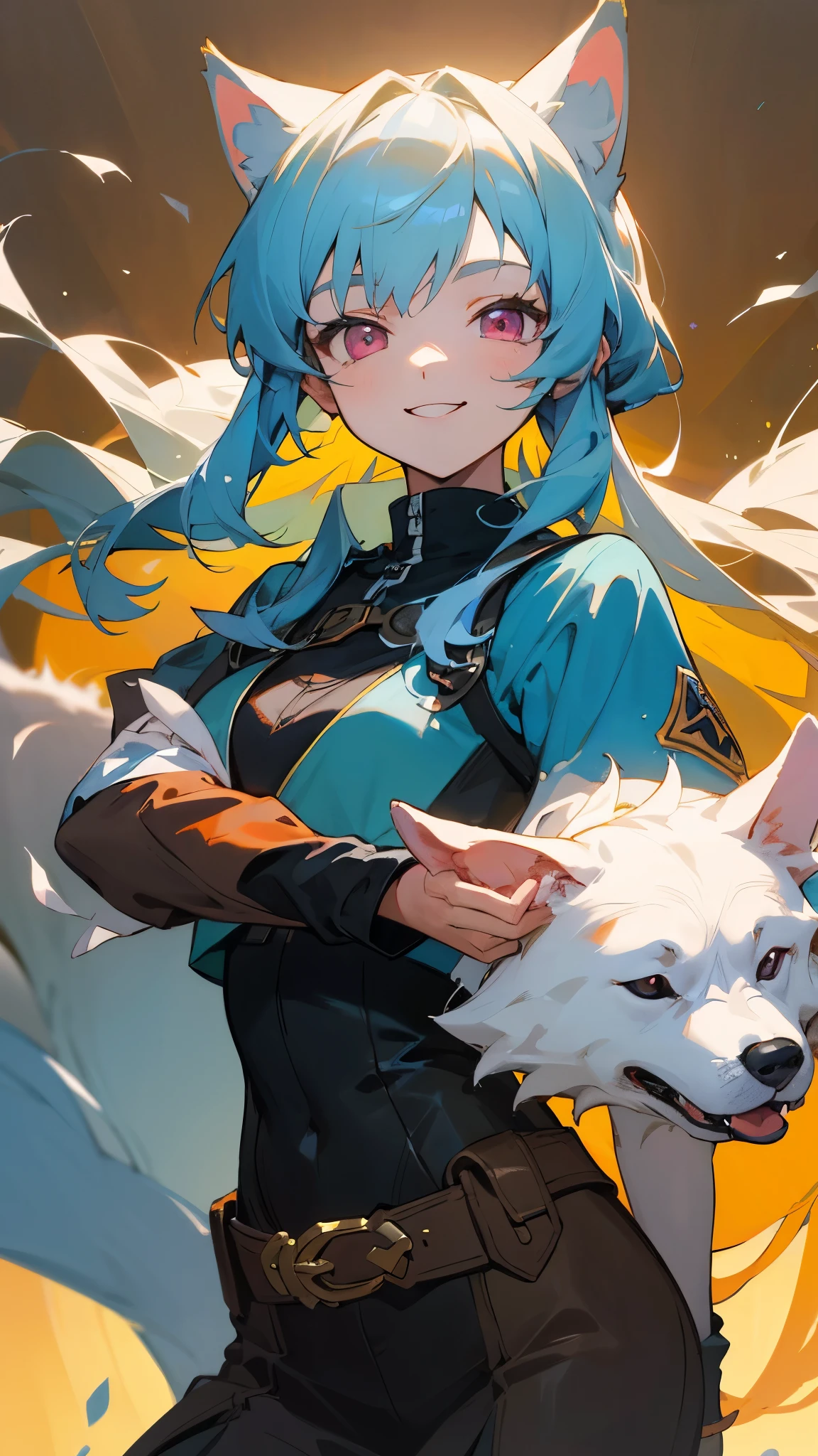 Portrait of one person、Anime-style paintings、****************、Riders jacket、Slim figure、Light blue hair、Dog Ears、Pink Eyes、smile, impression, (Oil), Blue and orange tones、Zelda Style