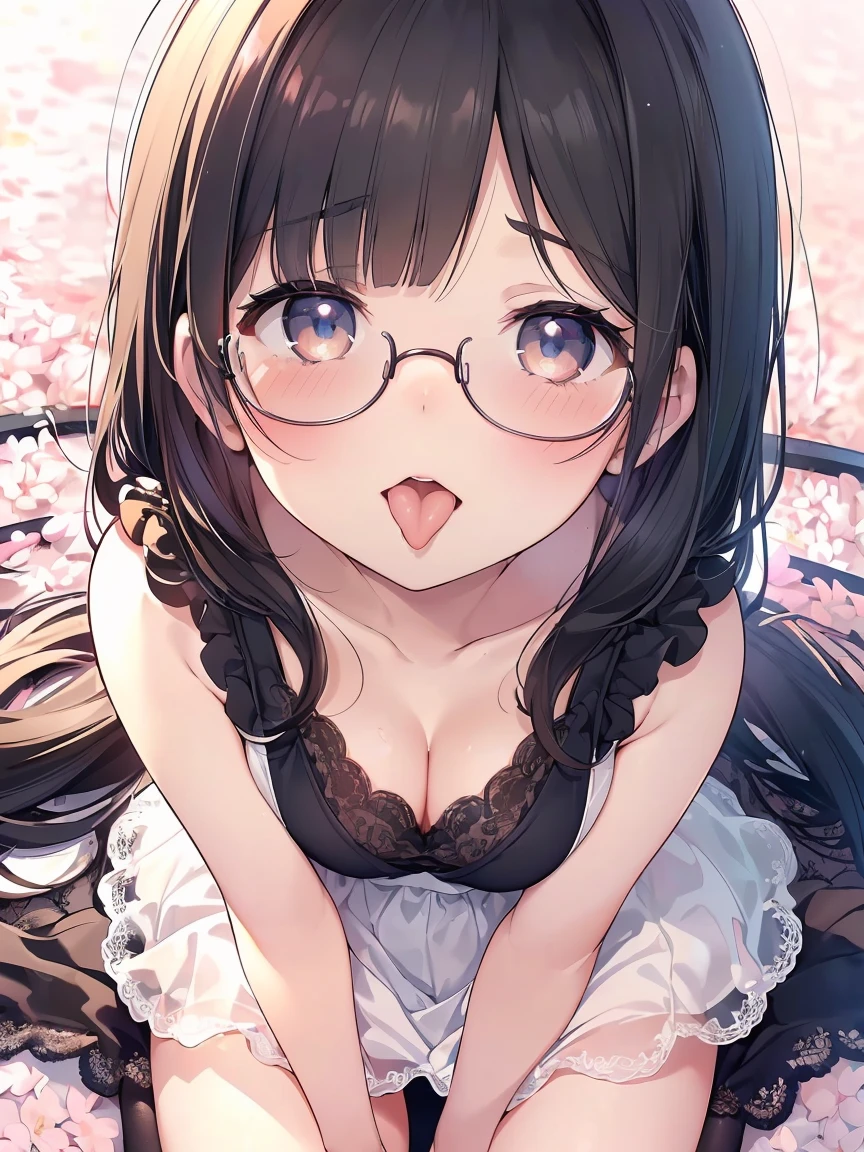 Very detailed, highest quality, High resolution, Moe Anime, ((Cute girl with black hair and droopy eyes)), ((Wearing large round glasses:1.4)), (Baby Face), Cute eyes, Detailed eye depiction, Sparkle in the eyes, View your viewers, Dark eye color, Pale skin, (Big eyes:1.4, Droopy eyes:1.4, Fatty face:1.4), smile, Focus on the face, In the park with cherry blossoms falling, Sitting, (Extreme close up of tongue), (((From above))), Open your mouth, (((Face only:1.3))), ((white lace sleeveless dress)), Bright Eyes, Light from the front, (Put your hands between your legs:1.4), large and long tongue, Cleavage