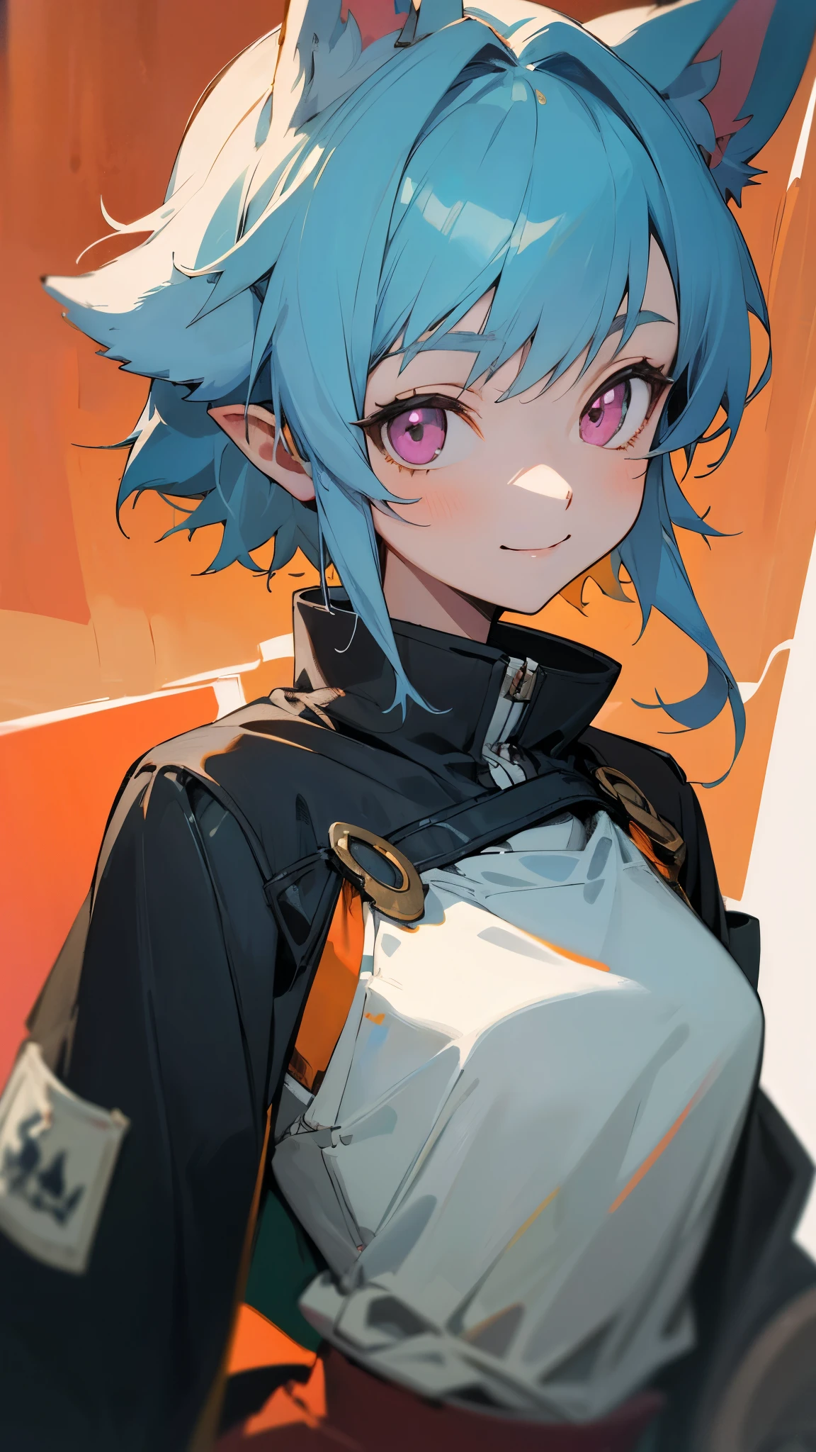 Portrait of one person、Anime-style paintings、****************、Riders jacket、Slim figure、Light blue hair、Dog Ears、Pink Eyes、smile, impression, (Oil), Blue and orange tones、Zelda Style