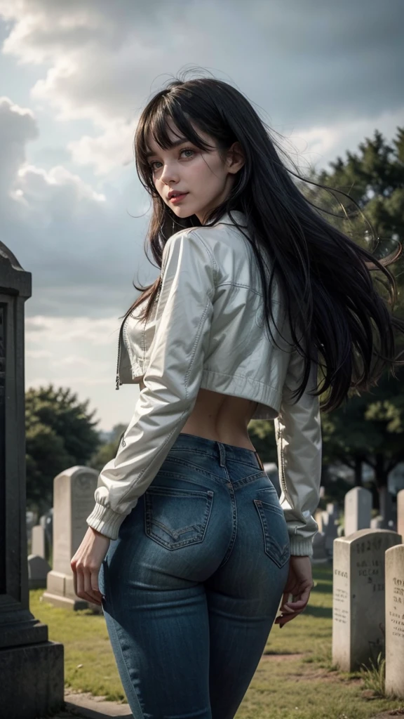 Woman, white skin, green eyes, black hair, wavy hair, straight hair, bangs, long hair, hair in the wind, cemetery at night, tight jeans, black boots, very low-cut top, white top, transparent top, open jacket, red jacket , walking, horror, great cleavage, visible nipples, smiling, looking at camera, red lips, athletic, bats in the sky, scary atmosphere, shot from behind.