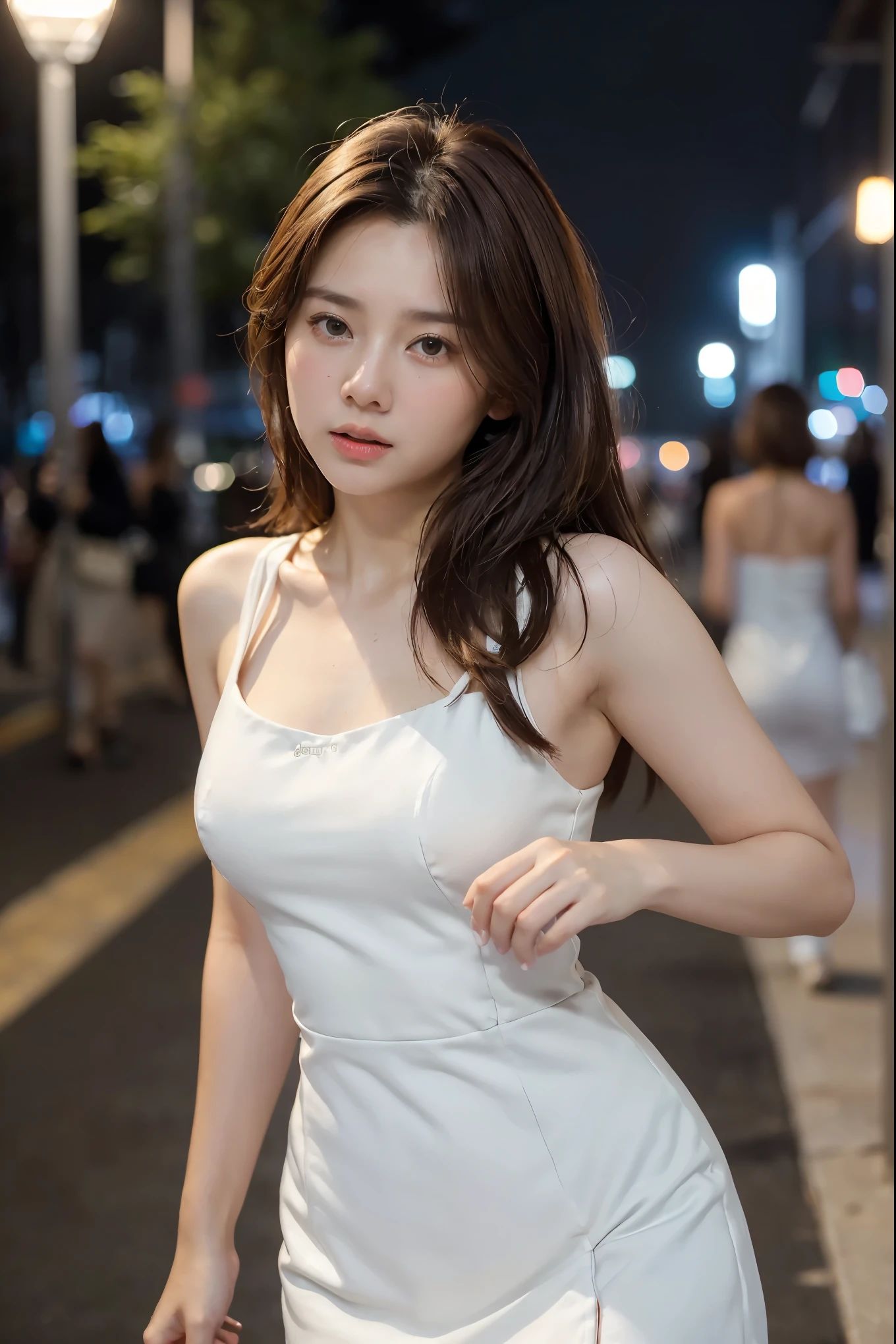 ((Realistic lighting, Best quality, 8K, Masterpiece: 1.3)), Focus: 1.2, 1girl, Perfect Figure: 1.4, Slim Abs: 1.1, ((Dark brown hair)), (White dress: 1.4), (Outdoor, Night: 1.1), City streets, Super fine face, Fine eyes, Double eyelids,