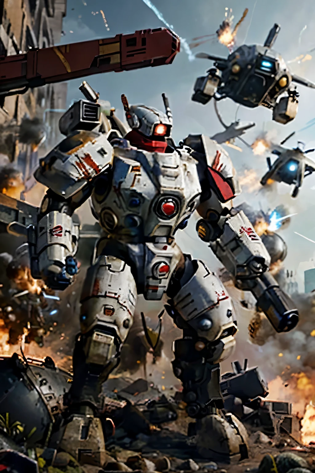 Photo of fightsuit, Mecha, xv88, Hold the gun., shoot, 
(man:1.2), up, epic, white metal, scar, red, Shoulder cannon, Arm Cannon, 
yes, fire warrior, Soldiers in the army behind, fight, In the middle of a siege, heavy explosion, gun drone, 
