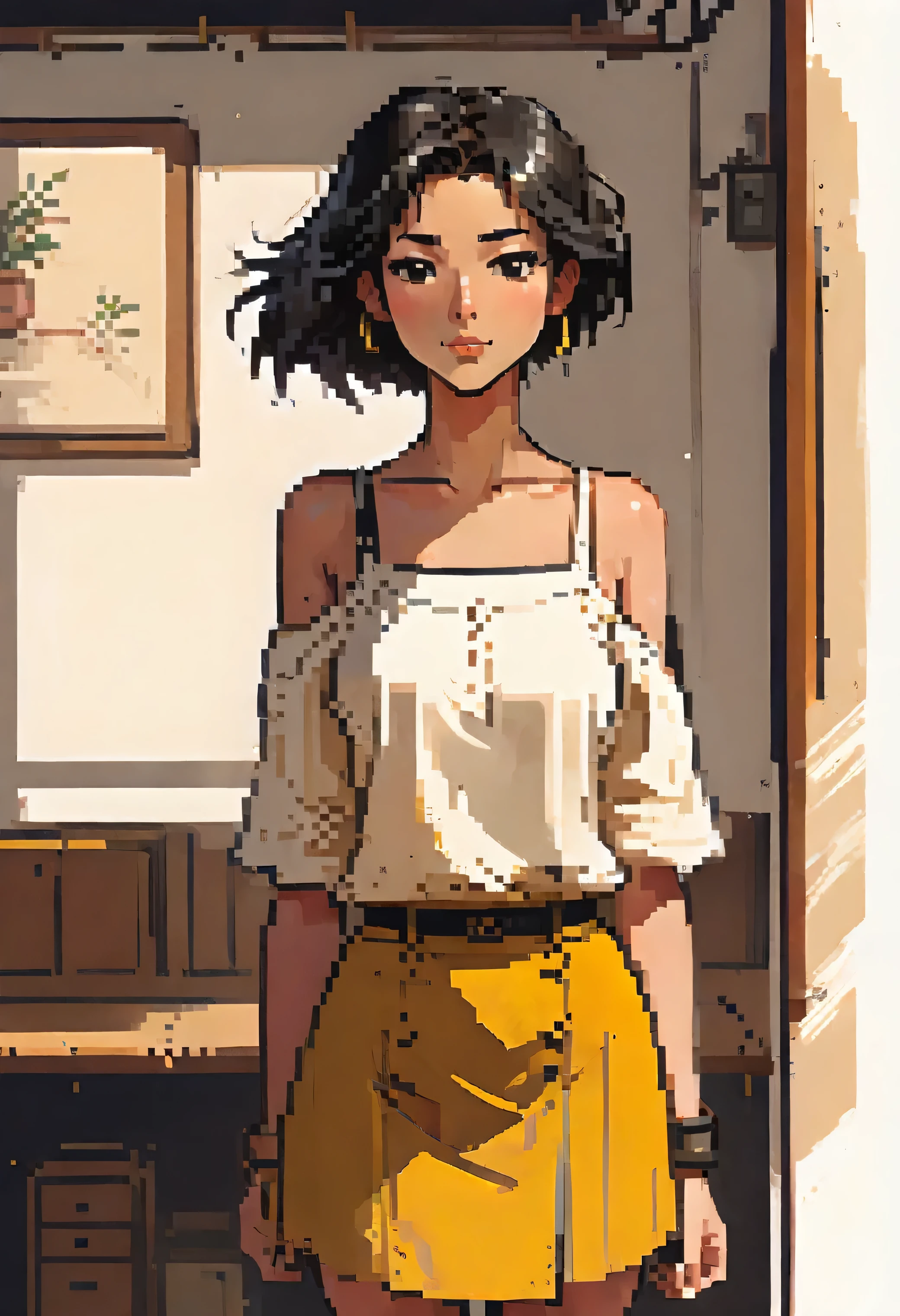 Rustic Sketchbook Style, Sketchbook, Hand Drawn, Dark, Mix of Thick Dark Lines and Loose Lines, Turnaround Character Sheet, ((A woman is standing in a room that looks like a room with a modern and minimalist design)) ((She has hair long black and wearing a white off-shoulder top and mustard yellow skirt)) ((anime character )), Natural Light, Dynamic, Highly Detailed, ((Her expression is neutral, and she seems to be looking directly at the camera)) ((The woman waves her hand kindly)), Perfect Composition Ratio, Masterpiece, Best Quality, 4K, Sharp Focus. details according to the example image