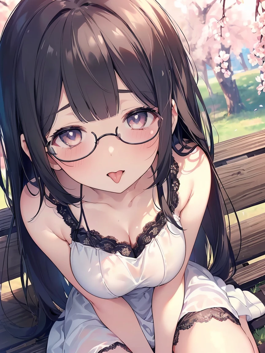 Very detailed, highest quality, High resolution, Moe Anime, ((Cute girl with black hair and droopy eyes)), ((Wearing large round glasses:1.4)), (), Cute eyes, Detailed eye depiction, Sparkle in the eyes, View your viewers, Dark eye color, Pale skin, (Big eyes:1.4, Droopy eyes:1.4, Fatty face:1.4), smile, Focus on the face, In the park with cherry blossoms falling, Sitting, (Extreme close up of tongue), (((From above))), Open your mouth, (((Face only:1.3))), ((white lace sleeveless dress)), Bright Eyes, Light from the front, (Put your hands between your legs:1.4), large and long tongue, Cleavage