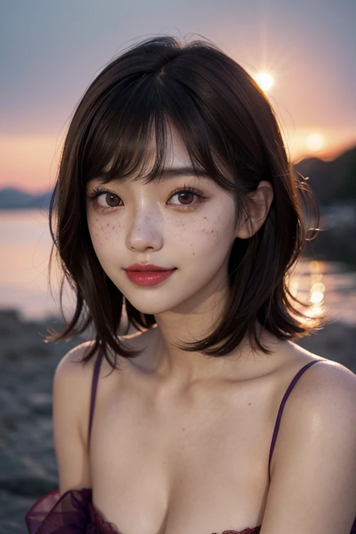 1 girl, 23 years old, south korean, idol, masterpiece, perfect face, soft skin, freckles under eyes, short whavy brown hair, bowlcut hair, shining bright purple eyes, red eyeliners, red lips, big smile, closed mouth, natural makeup, soft lighting, bright colors, sunset background, face focus, face closeup.