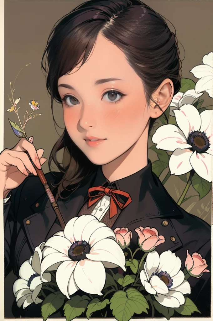 Charlie Bowter paints realistic lithograph portraits of women。, Flowers, [Equipment], pipe, Dieselpunk, Multicolored ribbons, Old paper texture, Very detailed