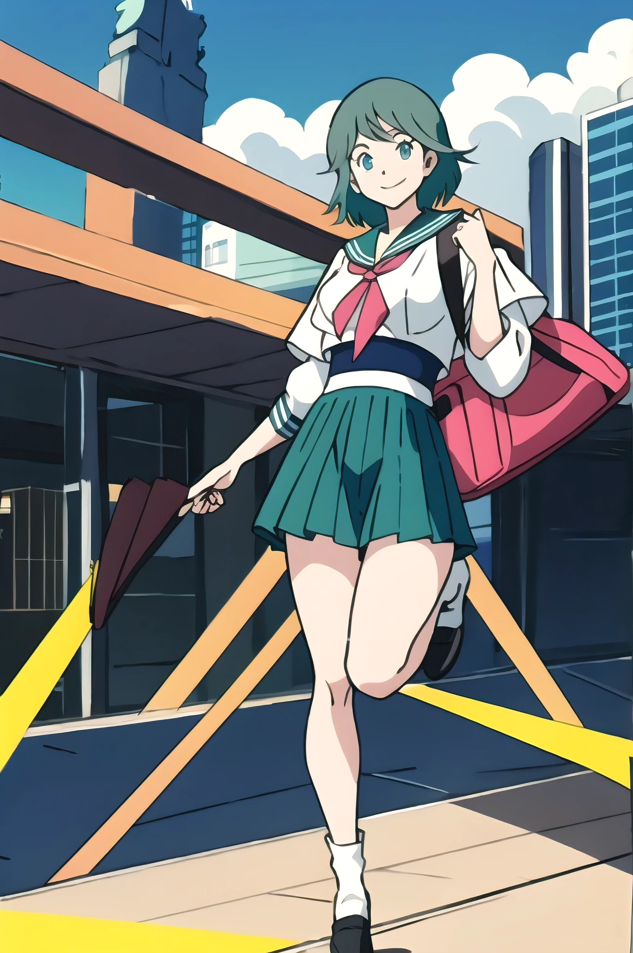 (masterpiece:1.2,highest quality:1.3,Anime Style, Retro art style, Clean brush strokes, Very detailed, Perfect Anatomy, Browsing Caution), Futuristic cityscape, Sofia, alone, One girl, (Are standing, Spread your legs), (Blue-green hair), Medium Hair, Open your mouth, A bright smile, Tabletop, (Penetration: 1.2), Huge breasts:1.3, High Body:1.6, ((Summer sailor uniform)), ((School uniform skirt)), White panties are visible, Beautiful long legs, Leather student bag, refer to4Bookの中に親refer to1Book, View your viewers,