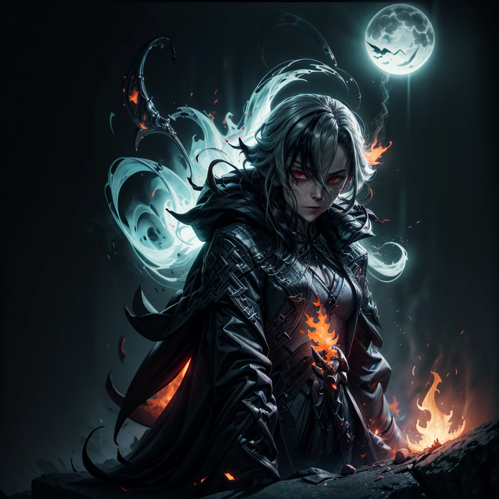 death scythe with flame, Goddess of death, Dark complex background, grim Reaper, fiery aura, ethereal presence, ominous shadows, exciting atmosphere, creepy beauty, swirling smoke, Menacing silhouette, glowing embers, mystical and foreboding, eerie glow of moonlight, predicting doom, spectral figures, Chilling winds, Otherworldly realm.