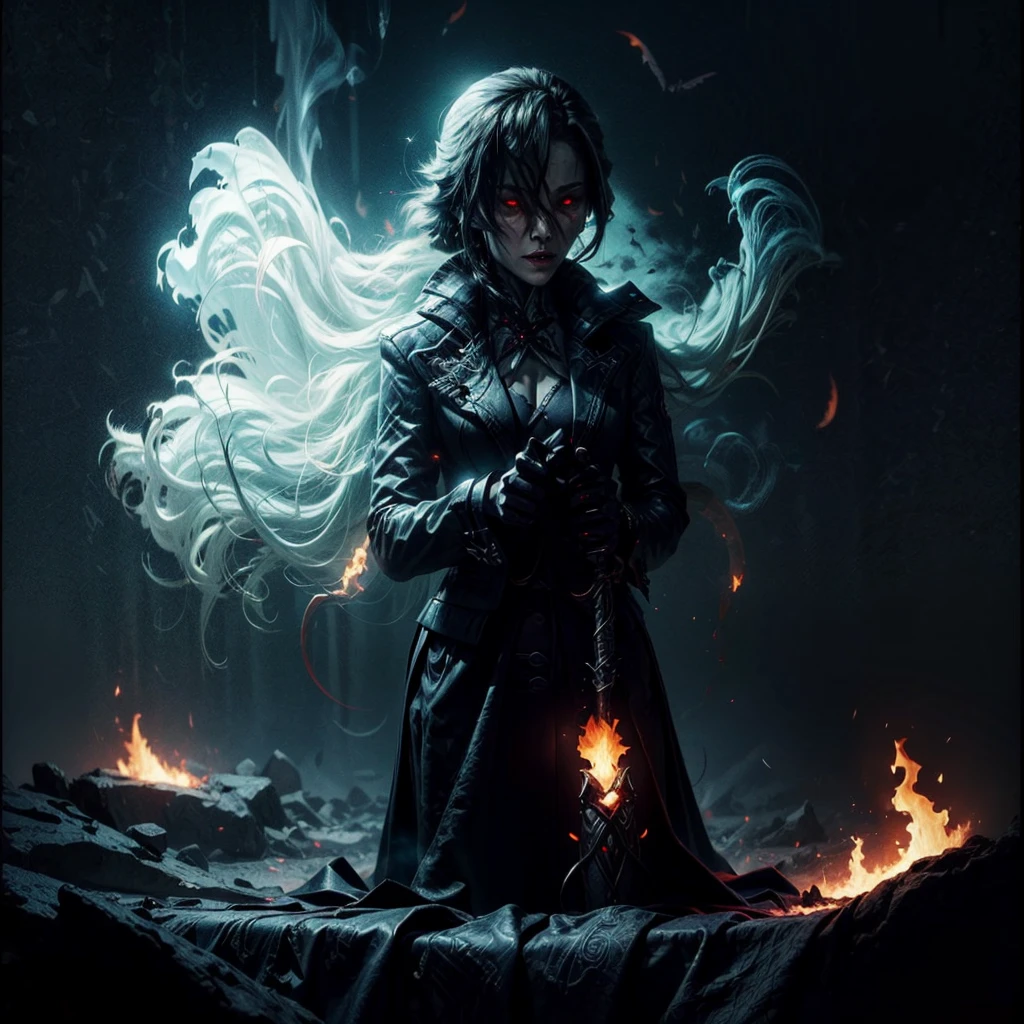 death scythe with flame, Goddess of death, Dark complex background, grim Reaper, fiery aura, ethereal presence, ominous shadows, exciting atmosphere, creepy beauty, swirling smoke, Menacing silhouette, glowing embers, mystical and foreboding, eerie glow of moonlight, predicting doom, spectral figures, Chilling winds, Otherworldly realm.