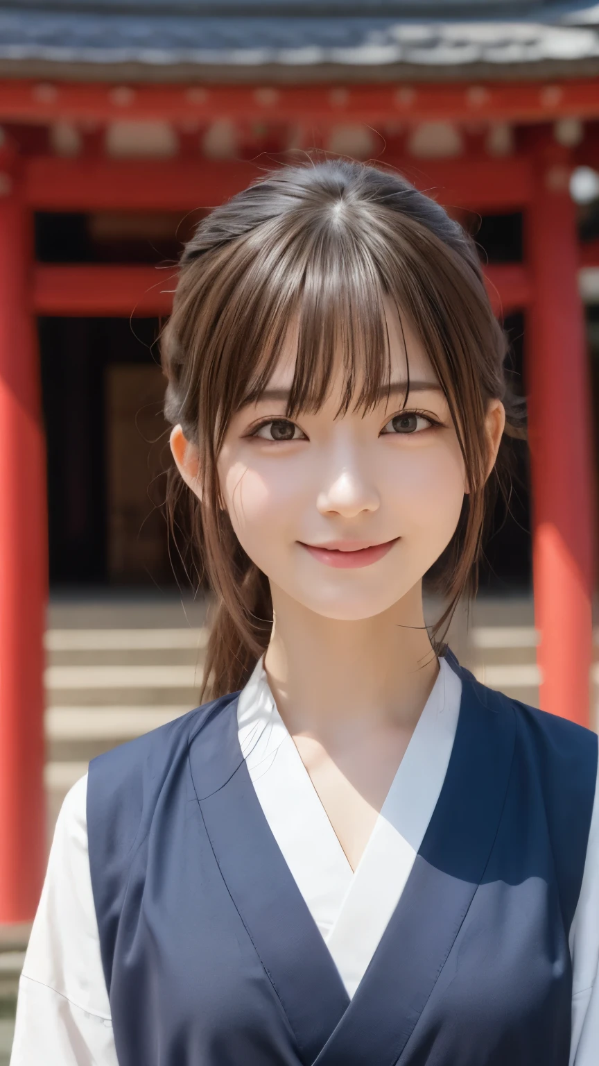 
(Raw photo:1.2), (Photorealistic), Beautiful detailed girl, Very detailed eyes and face, Beautiful detailed eyes, Huge file size, High resolution, Very detailed, Best Quality, [masutepiece:1.6], Illustration, Very detailed, Fine detail, Best Quality, 8K Wallpaper, Movie Lighting,15 year old shrine maiden, praying and standing in front of the shrine,   expression of prayer, big eyes, japanese god々Shii Shrine, stone pavement , light smile