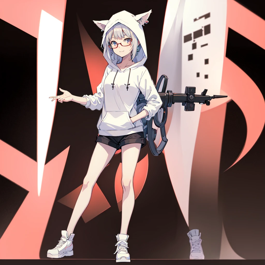 ((Anime style)) 1girl, 20 years old, mechanical limbs, (relaxing on couch), indoor, [weapon], skin colored skin, ((hooded up)), ((animal ears hoodie)), (wearing white mini shorts) , sharp eyes, light pink eyes, beautiful eyes, detailed eyes, beautiful silver hair, short hair, wearing glasses, earrings, cute pins on hoodie, holding a game controller, one hand is rested on her chest, medium chest size, perfect arms, perfect legs, perfect hands, anatomically correct hands, detailed hands, detailed feet, perfect feet, (small body proportions), smiling, (playful and friendly expression), looking at viewer, ((high quality)), best quality, soft lights, 2K resolution