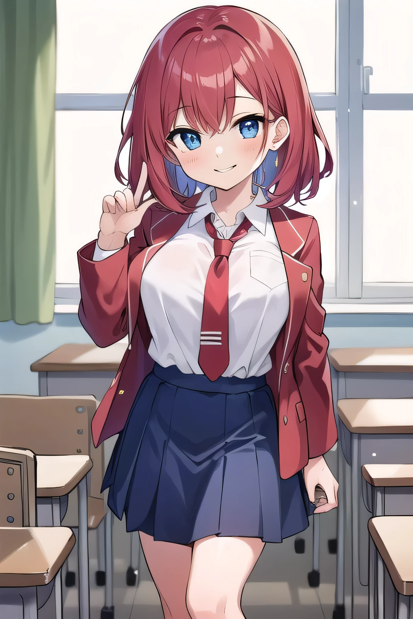 Big breasts, red hair, blue eyes, droopy eyes, red jacket, long sleeves, navy skirt, , super big breasts, (medium hair: 1.2), baggy clothes, elementary school studentt, 10 years old, old, shy A shy guy, smiling a littlessroom, trying open the buttons of his shirt, white shirt, red tie，straight hair