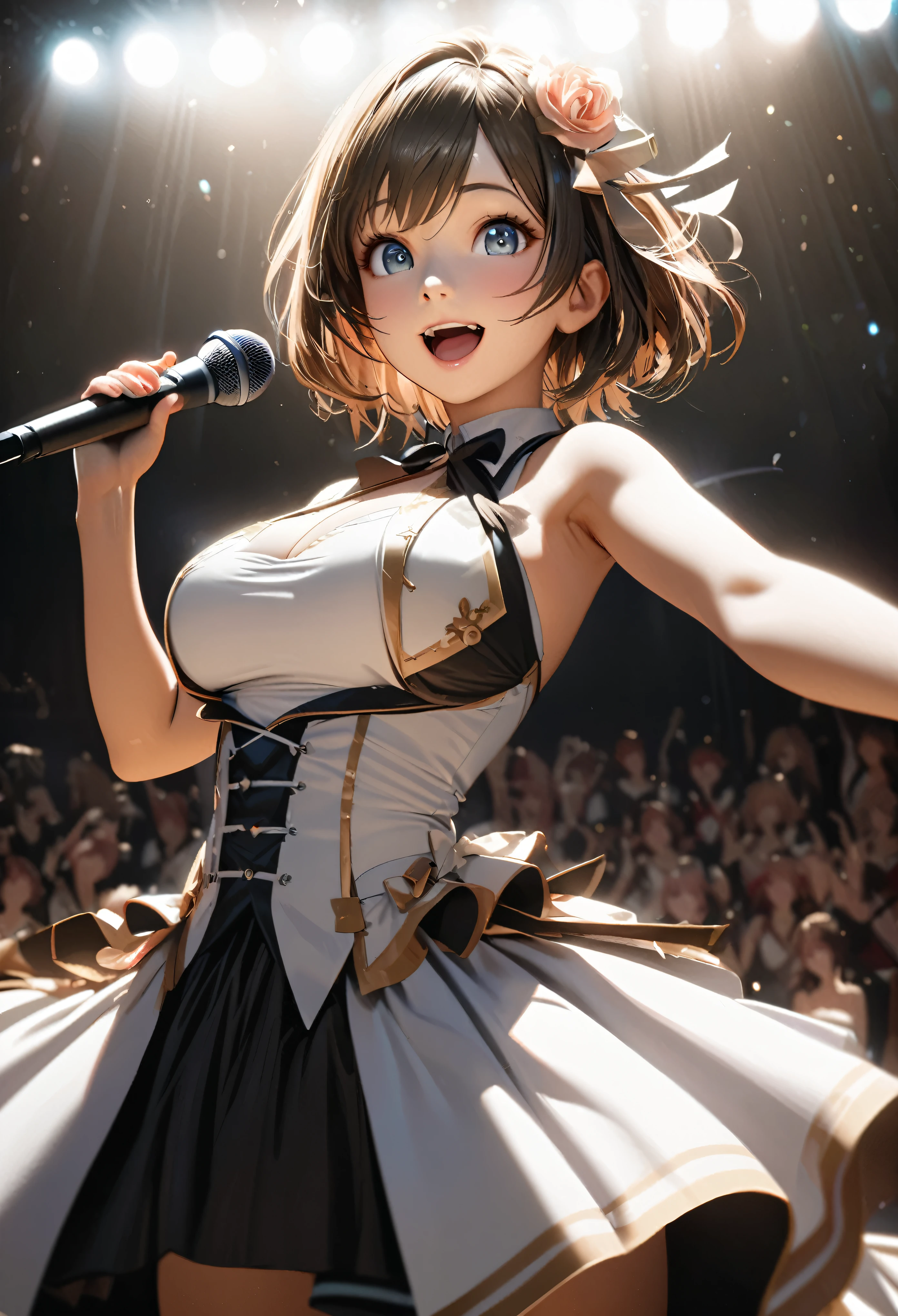 Girl, Big Breasts, Short Hair, 17 Years Old, Open Mouth, Singing, Smiling, Staring at the Viewer, Front View, Stage, Live, Spotlight, Indoors, Detailed, Beautiful Detailed Eyes, Indoors, {{{{{ Detailed face}}}}}, photorealistic, detailed body, super detailed, top quality, beautiful detailed eyes, cinematic lighting, super detailed skin, idol singing costume, idol singing costume , idol smiles, singing costumes