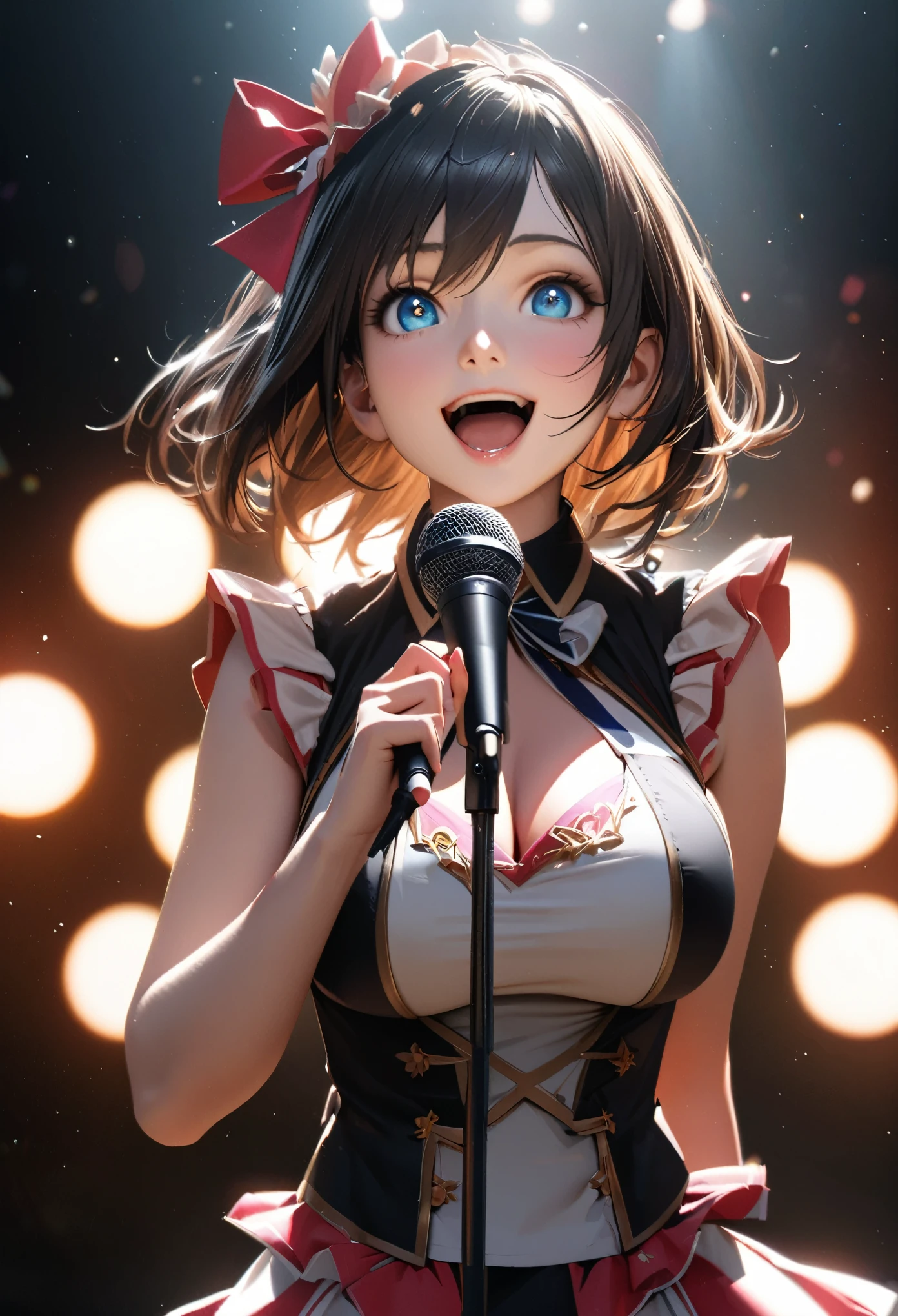 Girl, Big Breasts, Short Hair, 17 Years Old, Open Mouth, Singing, Smiling, Staring at the Viewer, Front View, Stage, Live, Spotlight, Indoors, Detailed, Beautiful Detailed Eyes, Indoors, {{{{{ Detailed face}}}}}, photorealistic, detailed body, super detailed, top quality, beautiful detailed eyes, cinematic lighting, super detailed skin, idol singing costume, idol singing costume , idol smiles, singing costumes