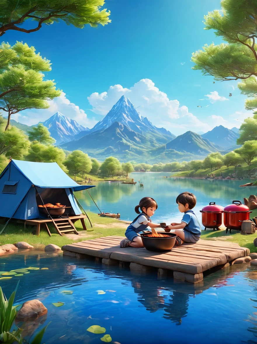 A cute boy and girl，Tented camp，Spring Outing，lake，Natural Scenes，barbecue，Blue sky natural background，Wide Angle，Clay Materials，Clean background，Character IP，Skyline design，3D，C4D，Xin value dye，Mixer，Natural light，Light and shadow，Very high detail with rim light，Intricate details，Medium shooting，8k, UHD, masterpiece, ccurate, anatomically correct, textured skin, award winning