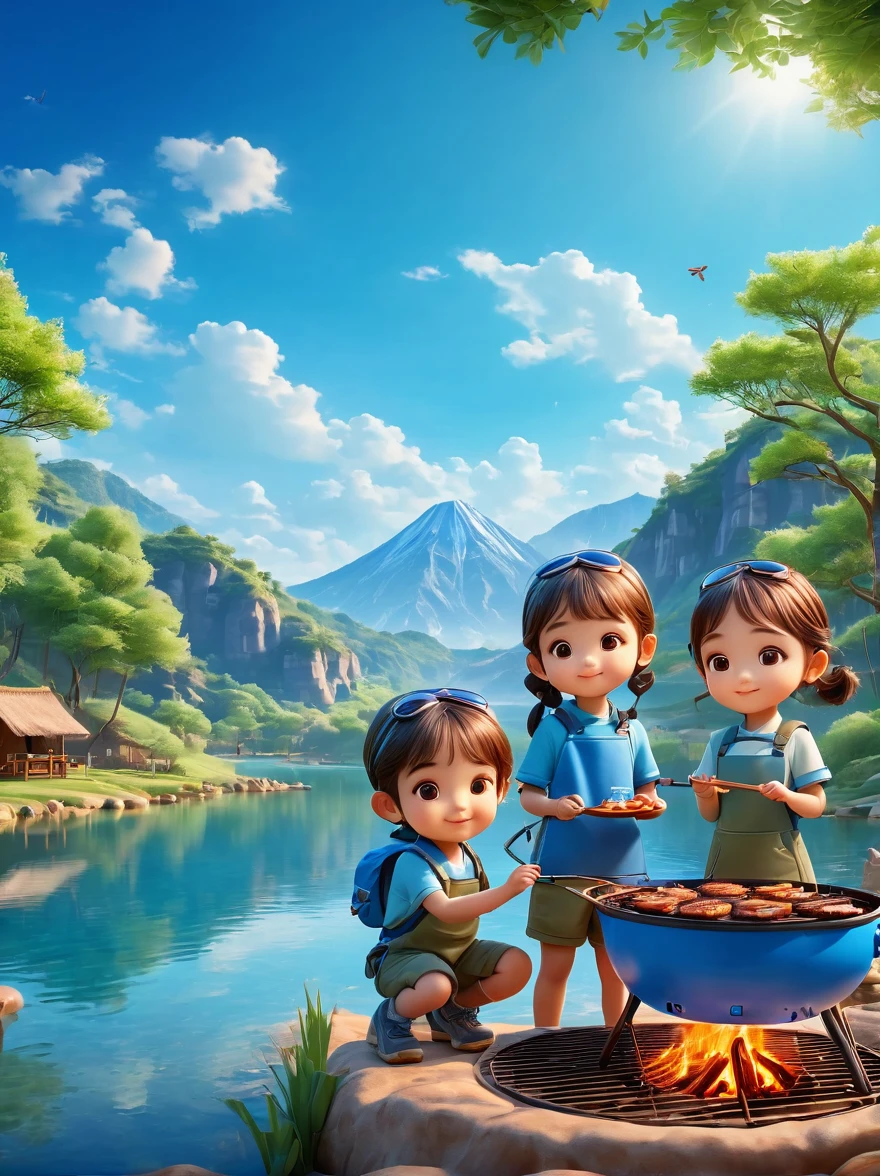 A cute boy and girl，Tented camp，Spring Outing，lake，Natural Scenes，barbecue，Blue sky natural background，Wide Angle，Clay Materials，Clean background，Character IP，Skyline design，3D，C4D，Xin value dye，Mixer，Natural light，Light and shadow，Very high detail with rim light，Intricate details，Medium shooting，8k, UHD, masterpiece, ccurate, anatomically correct, textured skin, award winning