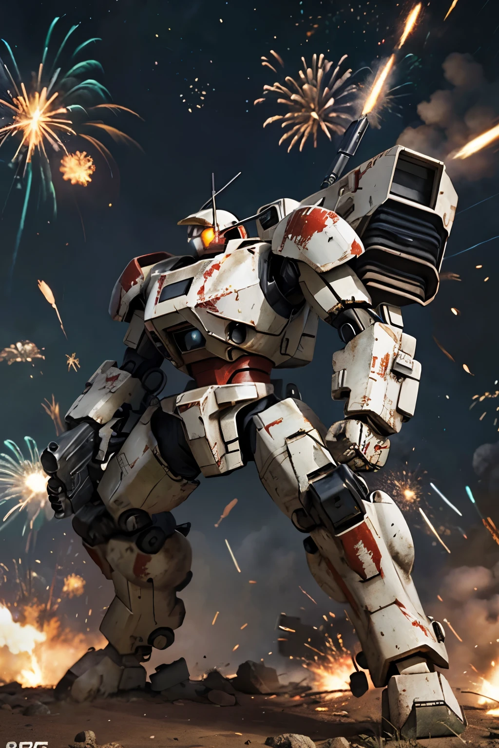 Photo of fightsuit, Mecha, xv88, Hold the gun., shoot, white metal, scar, red, Shoulder cannon, Arm Cannon, fight, In the middle of a siege, heavy explosion, 
