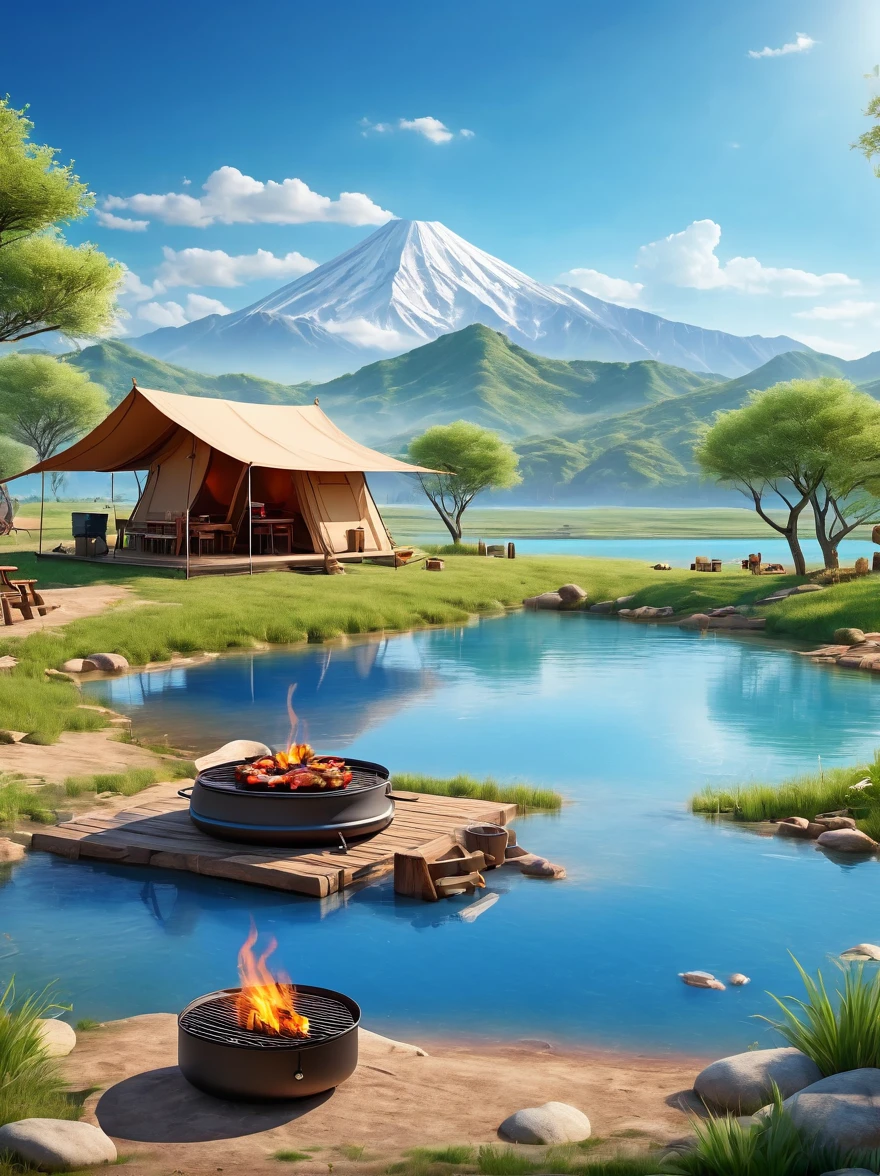 A man travels，real picture，Tented camp，Spring Outing，lake，Natural Scenes，barbecue，Blue sky natural background，Clay Materials，Clean background，Skyline design，3D，c4d，Blender，Natural light，Light group photo，Very high detail with rim light，Intricate details，8k, UHD, masterpiece, ccurate, anatomically correct, textured skin, award winning