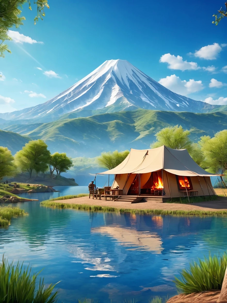 A man travels，real picture，Tented camp，Spring Outing，lake，Natural Scenes，barbecue，Blue sky natural background，Clay Materials，Clean background，Skyline design，3D，c4d，Blender，Natural light，Light group photo，Very high detail with rim light，Intricate details，8k, UHD, masterpiece, ccurate, anatomically correct, textured skin, award winning