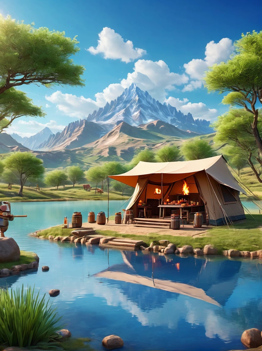 A man travels，real picture，Tented camp，Spring Outing，lake，Natural Scenes，barbecue，Blue sky natural background，Clay Materials，Clean background，Skyline design，3D，c4d，Blender，Natural light，Light group photo，Very high detail with rim light，Intricate details，8k, UHD, masterpiece, ccurate, anatomically correct, textured skin, award winning