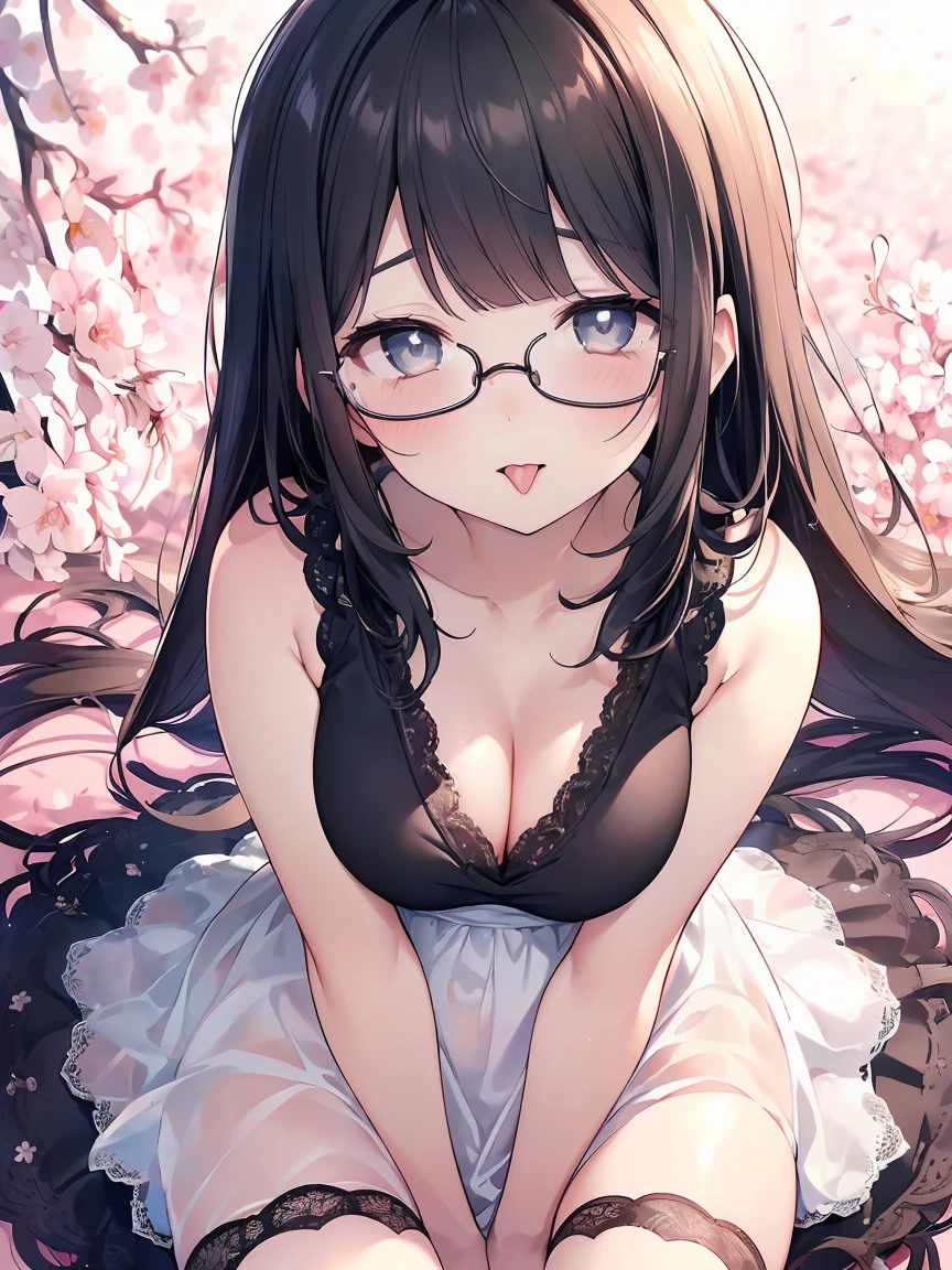 Very detailed, highest quality, High resolution, Moe Anime, ((Cute girl with black hair and droopy eyes)), ((Wearing large round glasses:1.4)), (Baby Face), Cute eyes, Detailed eye depiction, Sparkle in the eyes, View your viewers, Dark eye color, Pale skin, (Big eyes:1.4, Droopy eyes:1.4, Fatty face:1.4), smile, Focus on the face, In the park with cherry blossoms falling, Sitting, (Extreme close up of tongue), (((From above))), Open your mouth, (((Face only:1.3))), ((white lace sleeveless dress)), Bright Eyes, Light from the front, (Put your hands between your legs:1.4), large and long tongue, Cleavage