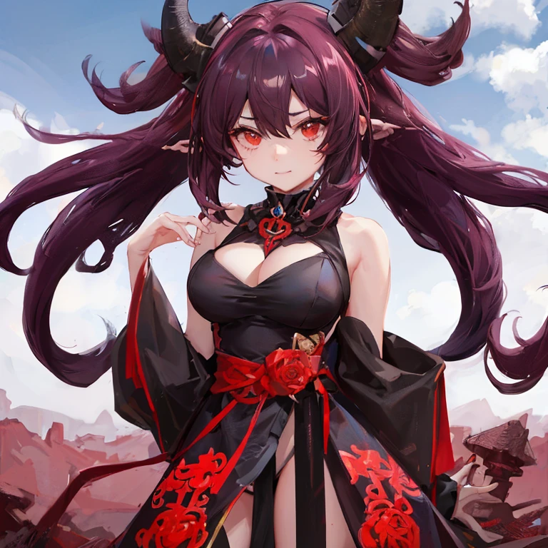 Oni girl, red eyes, large hair, coletas cuernos grandes,