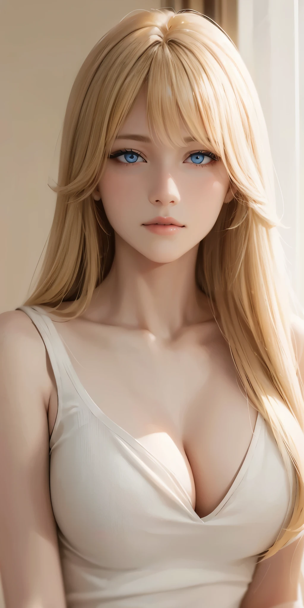 Upper body, elegant, adult woman, long neck, long blonde hair, bangs, casual shirt, cleavage, soft light, high quality, 4k resolution