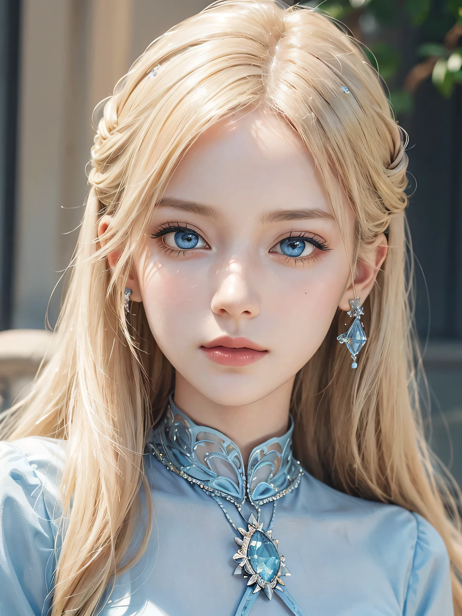 a 20 yo woman, blonde, soothing tones, muted colors, high contrast, (natural skin texture, hyperrealism, soft light, sharp), masterpiece, ultra high resolution, ultra realistic, realistic face, Highest high resolution, lady standing on outside, daylight, beautiful face, lookin left side, a determined face, side light, dramatic light, eyes on audience, Dynamic bust of beautiful aristocratic maiden, light blonde hair, beautiful blue eyes,Crystal jewelry filigree,Ultra-detailed details,upscaled。best quality, 8k, high quality, masterpiece, straight hair, Fair skin, side sun-light, day-light, dynamic pose realistic, detailed and correct facial structure