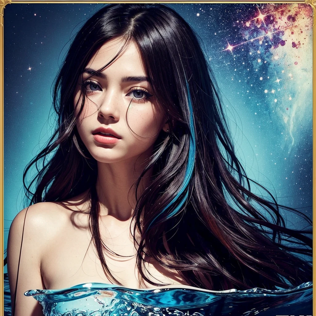 raw photo, (masterpiece, best quality:1.3), (flat color:1.3),(colorful:1.3),looking at viewer,1girl,solo,floating colorful water, long hair, (portrait:1.1), tarot card