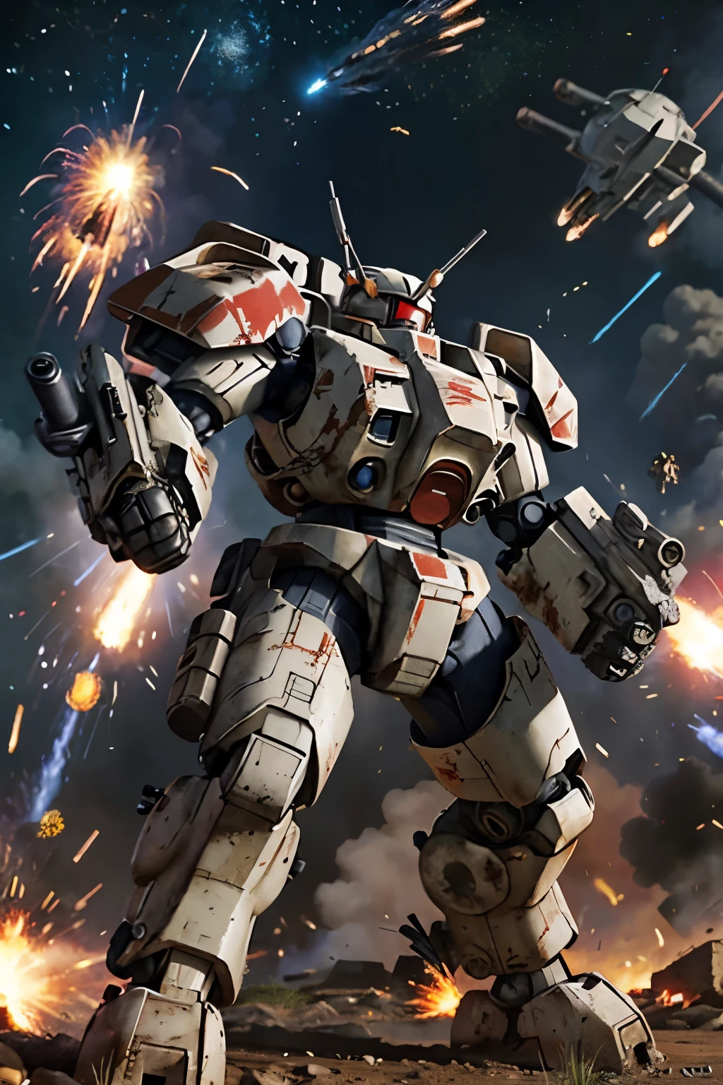 Photo of fightsuit, Mecha, xv88, Hold the gun., shoot, white metal, scar, red, Shoulder cannon, Arm Cannon, fight, In the middle of a siege, heavy explosion, 
