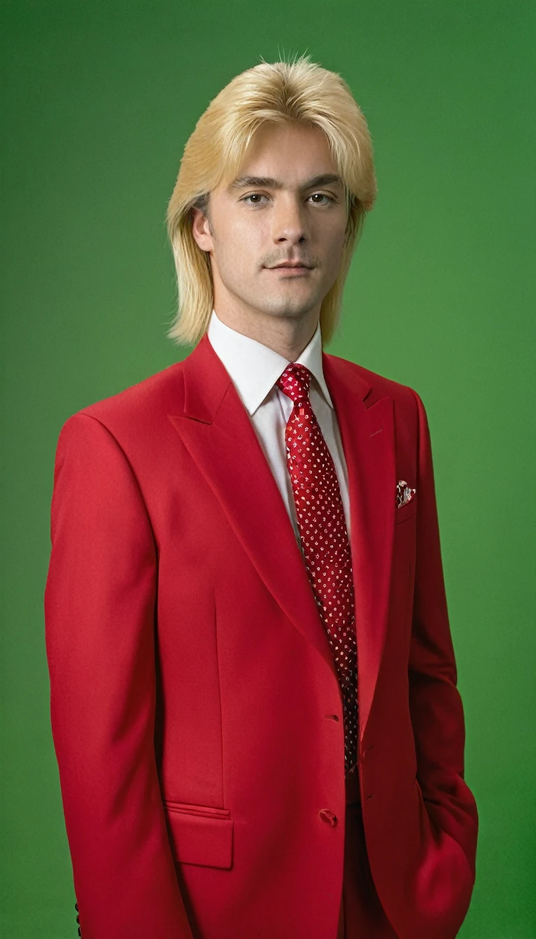 The image shows a man dressed in a red suit and red tie, standing in a room. He appears to be posing for a portrait, with his hair styled in a blond mullet. The man's outfit is well coordinated, and he appears to be dressed for a formal occasion. The room he is in appears to be a studio, as there is a green background behind him, which is often used for portrait photography.