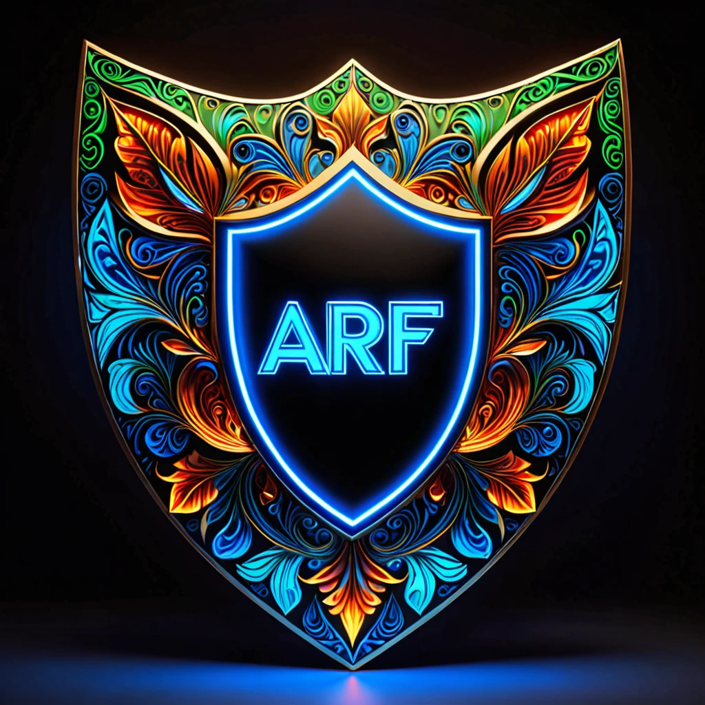 ARF text logo will be written in the middle. (masterpiece), realistic, UHD ,8k,Photography of an exquisitely imaginative shield that pushes the boundaries of creativity. This extraordinary shield is a true testament to wild and daring innovation, featuring a combination of unconventional materials, such as mirrored surfaces, neon lights, and intricate fractal patterns. Its unconventional shape and vibrant color palette create a visually stunning