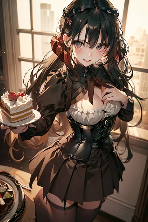 (looking down on the audience:1.3),(from side:0.9), ((Face)), (Close-Up:0.4), (( eat a cake and have a coffee)),highest quality、(real、photorealistic:1.4),(ultra high resolution, 8K RAW photo, clear focus), best qualtiy, natural lighting, field depth, (Bright pupils, detailed beautiful eyes, high detailed face), Red lip, (tight focus:1.2, from below:1.2), sexy posing, erotic grotesque,cook Research Institutes(beautiful and luxurious:1.2),(double breasted:1.0,under bust:1.0), gap between buttons,(((corset belt))),(((high waist skirt,))) seductive weak smiling,(with sparkling eyes and a contagious smile),open mouth, Looking at Viewer,