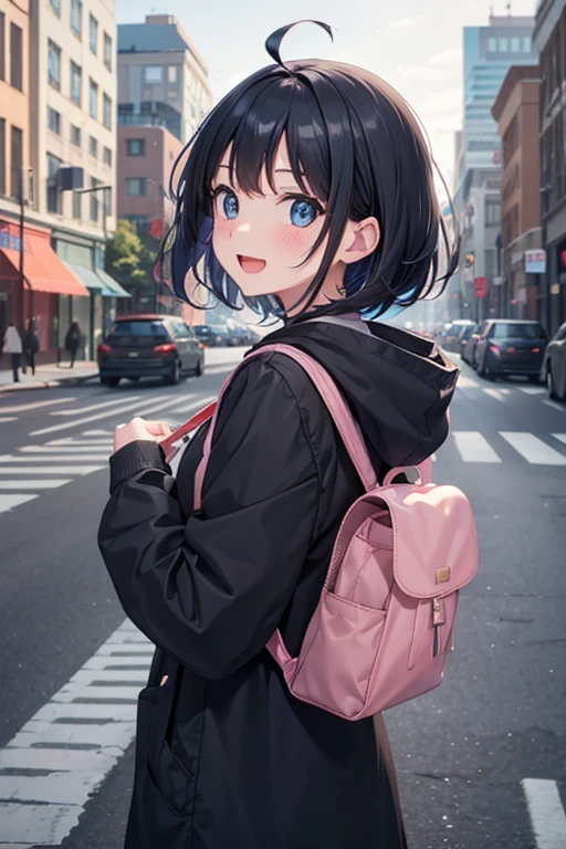 rating:safe, bag, 1girl, backpack, smile, looking_at_viewer, outdoors, ahoge, solo, open_mouth, hood_down, blush, looking_back, parted_bangs, hood, road, short_hair, bangs, blurry, upper_body, long_sleeves, jacket, :d, street, day, depth_of_field, forehead, building, blue_eyes, city, crosswalk, from_behind, eyebrows_visible_through_hair, ground_vehicle, telephone_pole, bag_charm