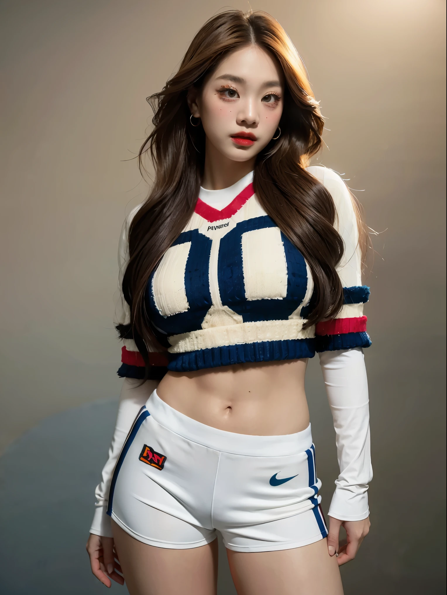 Masterpiece, superlative, realistic, Jennie wearing trendy football uniforms, knitwear, football shorts, HD, photography lighting, 16k