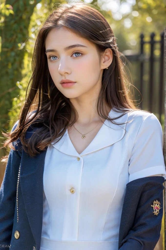 ( masterpiece, top quality, best quality,8k,17 years old girl,ultra detailed,raw photo:1.5),(photorealistic:1.4),(cinematic lighting), PerfectNwsjMajic, , Surrealism, UHD, ccurate, Super detail, textured skin, High detail, Best quality, dynamic angle, (high nose,White skin),[Beautiful blue eyes],[flat chest:large breasts:0.5],(1girl),(good anatomy:0.5)), school uniforms , royal school ,(upper body)