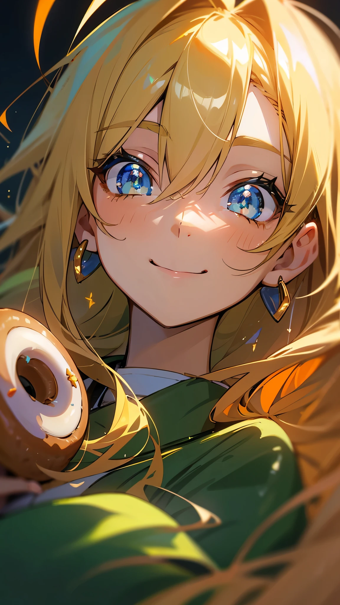 Face close-up、, 20-year-old woman, smile, impression, (oil), Green and orange tones, String Maki, hairpin, Blonde, Long Hair, (Sparkling blue eyes)、Ahoge、Eating a donut