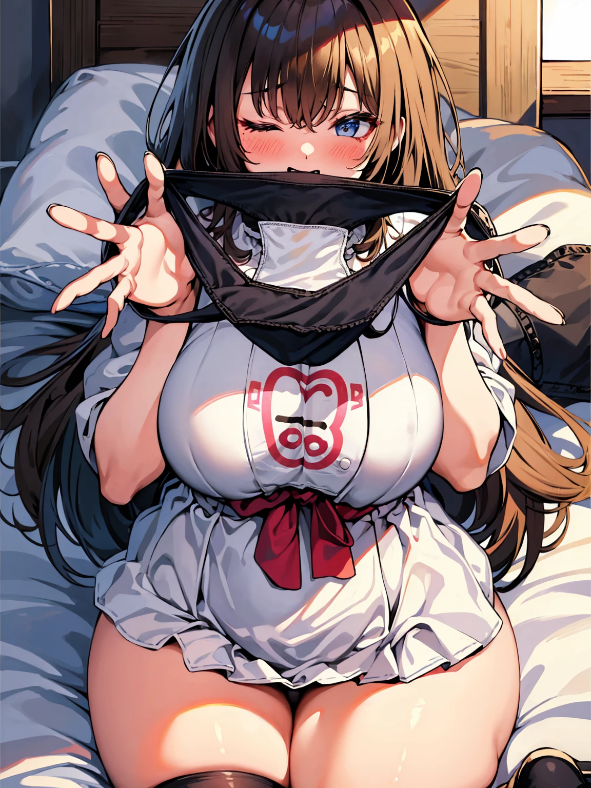 high school girl、Unfold panties with both hands、Plump thighs、Best image quality、High resolution、masterpiece、super high quality、Brown bra、Brown panties、とてもBig Ass、Blushing、4K quality、Thick thighs、Big Ass、Blushed、Big Breasts、Proud face、Wearing black knee socks、Sticking out tongue、heart、breast enhancement、Stains on panties、Sleeping with legs apart
