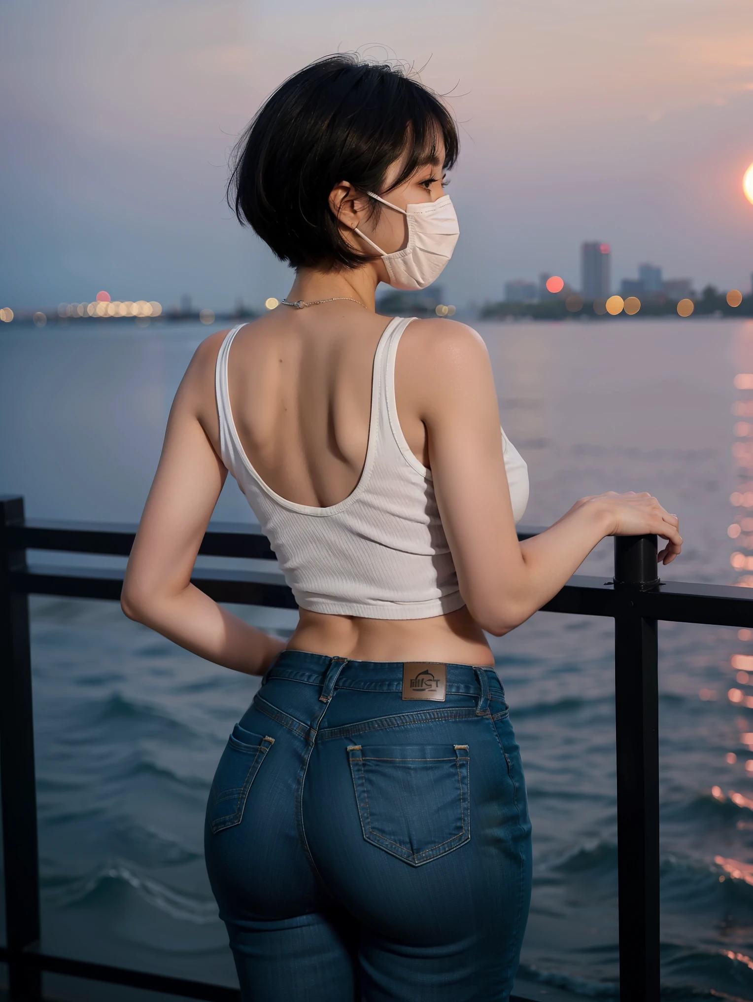 wear skinny jeans，Tank top，Plump butt，The back view is also attractive，Bobcut、Wear a mask，Full-body photos disappear，Sunset Cocktails