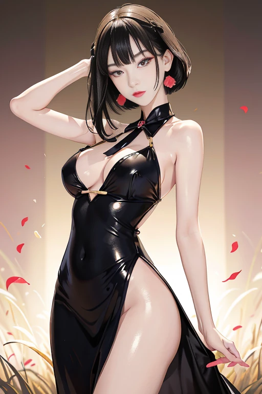 tsuruta ichiro, Narrow-eyed, 1girl in, Allback、deadpan、short-hair、shorth hair、brow、Reluctance、A dark-haired、Tucked Hair Solo, Cowgirl, Onepiece, ((big breasts)), Thin slit eyes、Black eyes, Light shines on the eyes、smile, Black hair, gloves, Dress, Luxurious Jewelry, earrings, sharp eye、 elbow groves,Raise your hands and tie your hair back, random color, random color dress, Makeup for long eyes, Slender eyes、lip stick, Complex petal pattern, Rim Light, Back Light, pastel color,Studio Lighting, no bad fingers or body.