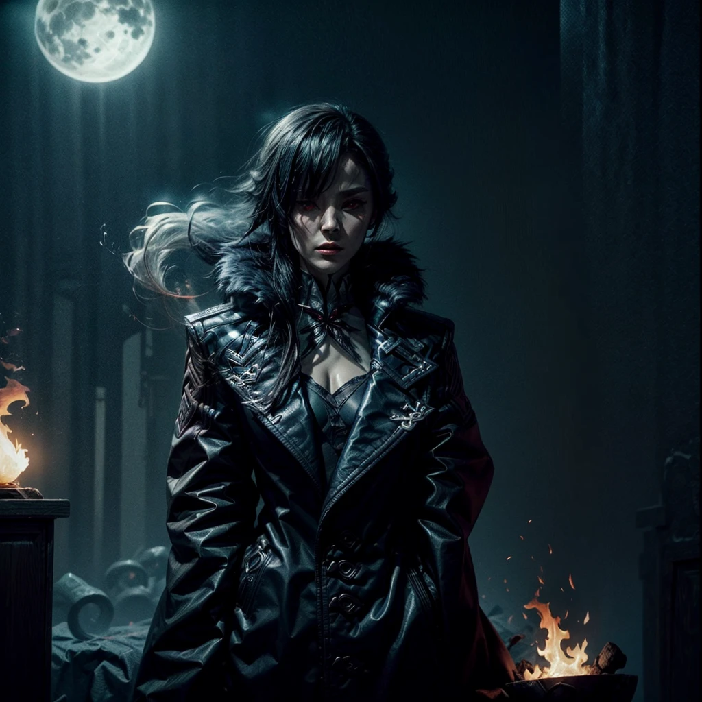 death scythe with flame, Goddess of death, Темный сложный background, grim Reaper, fiery aura, ethereal presence, ominous shadows, exciting atmosphere, creepy beauty, swirling smoke, Menacing silhouette, glowing embers, mystical and foreboding, eerie glow of moonlight, prediction of doom, spectral figures, Chilling winds, Otherworldly realm.Best quality, masterpiece,Laura:harlequin_new:1>,красный_pupils, simple_background, One, black_gloves, twitter_username, X-shaped_pupils, 1 girl, harlequin_\(Genshin_influence\), long_sleeves, with fur trim_coat, a high resolution, broke up_lips, upper_body, English_a comment
