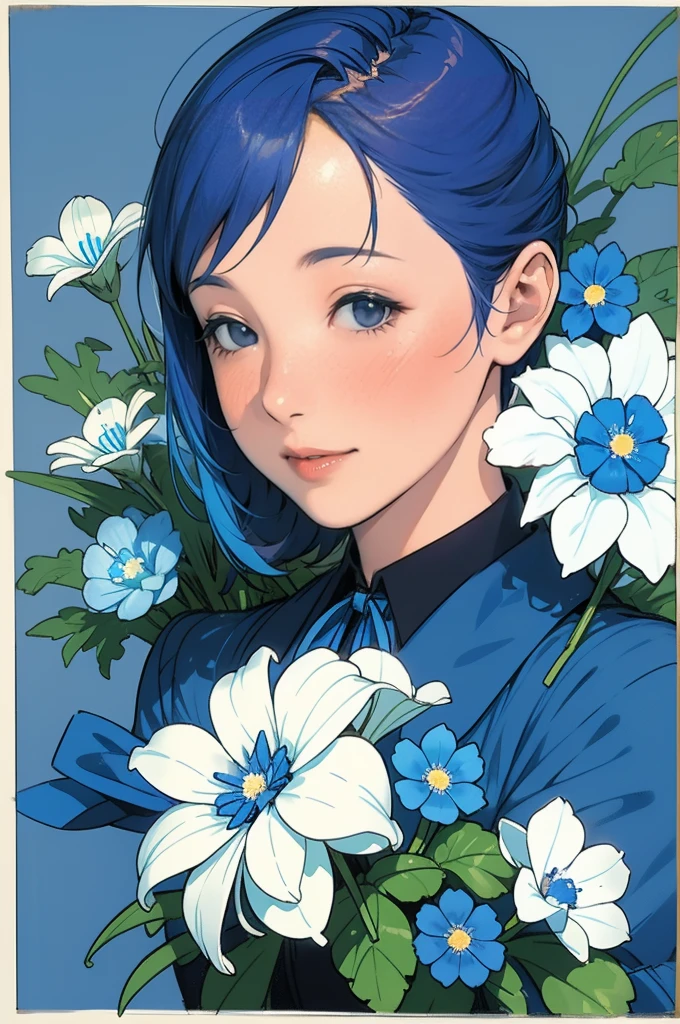 Charlie Bowter paints realistic lithograph portraits of women。Lots of very small flowers(1.7), 花びらの中がBlue and light blueでグラデーション(1.8), A lot of nemophila(1.8), Many bouquets of nemophila(1.8), Blue and light blue, Flowers, [Equipment], pipe, Dieselpunk, Multicolored ribbons, Old paper texture, Very detailed