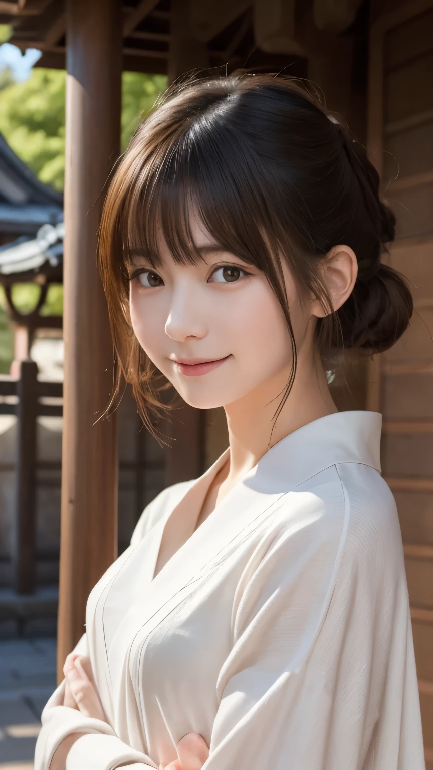 (ultra-detailed CG artwork), (photorealistic), (Japanese woman), (23 years old), (beautiful and cute appearance), 1girl, solo, portrait, gentle expression, friendly personality, hairstyle updo, bangs swept to the right, standing, soft natural lighting, serene background,